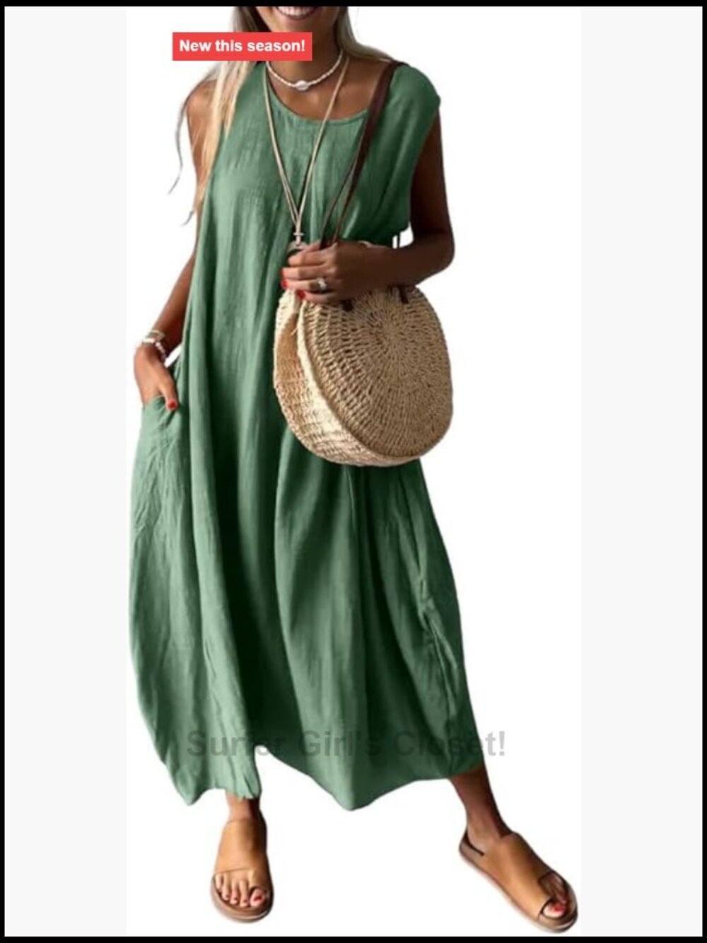 Sleeveless Green Linen Maxi Dress with Side Pockets
